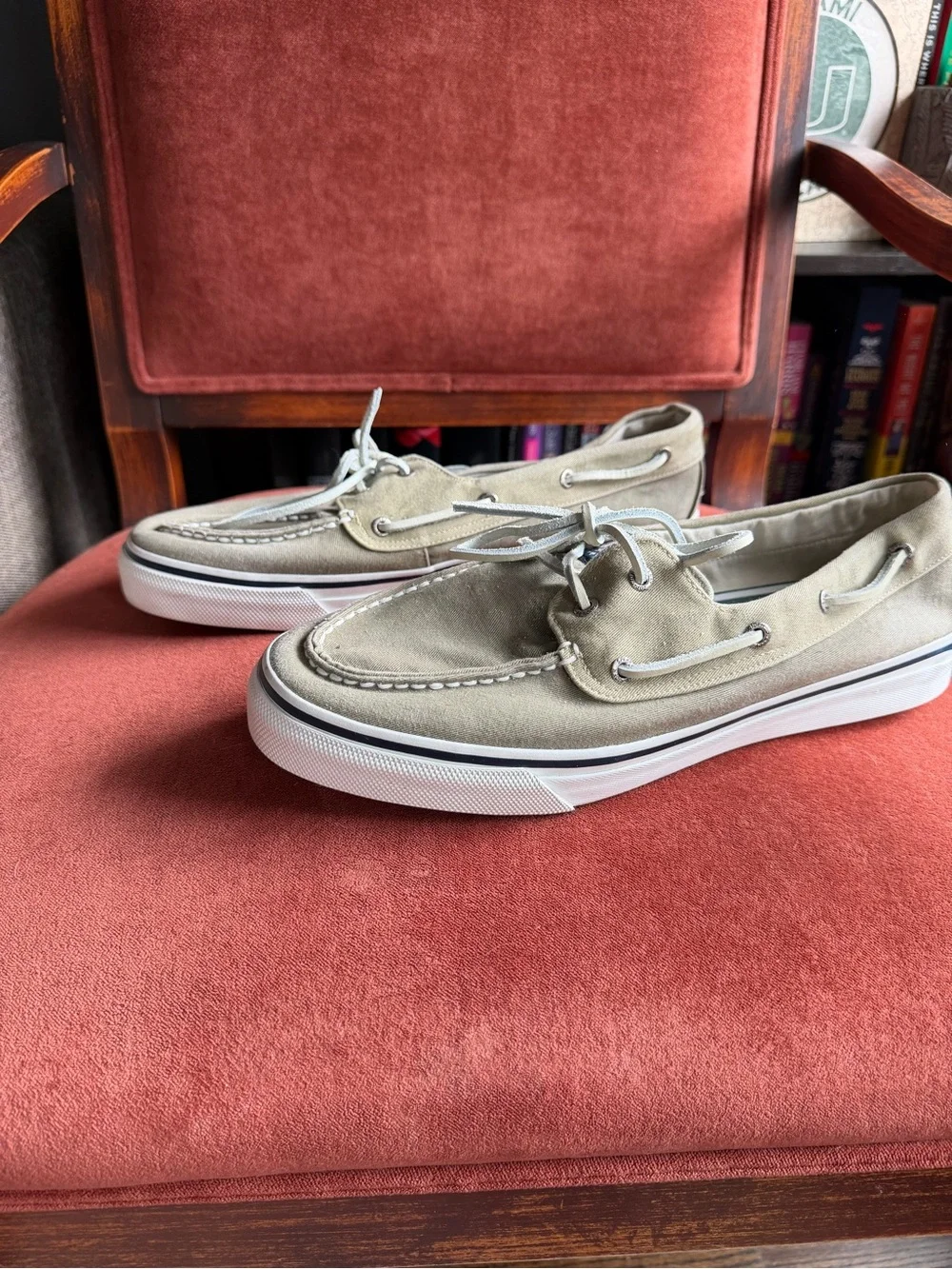 Men’s Sperry top slider canvas boat shoes in khaki.